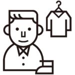 クリーニング店のスタッフとハンガーに掛かった衣類を描いたイラスト